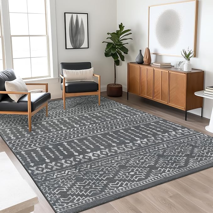 Art&Tuft 5x7 Area Rugs Non Slip, Thin Washable Rugs for Living Room, Grey | Low Pile, Soft & Lighweight, Folable, Stain Resistant Indoor Moroccan Carpet for Bedroom, Kitchen, Dining Room, Home Office