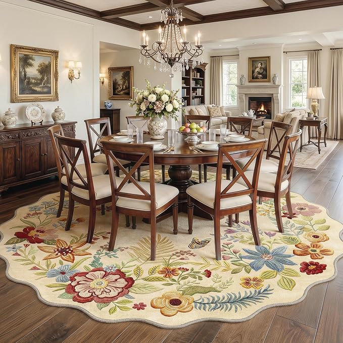 FMFUNCTEX 8ft Round Washable Beige Boho Scalloped Area Rug for Living Room | Floral Vintage Flower Colorful Traditional Soft Cream Large Non Slip Low Pile Circle Rug Neutral Dining Room Bedroom Nursery