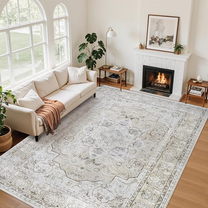 6x9 Washable Area Rugs for Living Room Beige White Non-Slip Rug | Vintage Medallion Rug，Soft Low Pile Large Rugs，Indoor Retro Carpet for Bedroom Nursery Dining Table Farmhouse Home Office