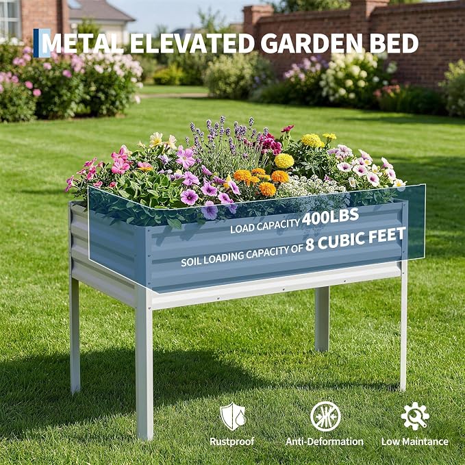 48×24×56in Galvanized Elevated Raised Garden Bed with Legs, Greenhouse Cover & Bird Net, Deep Metal Raised Planter Box for Backyard Patio Balcony Vegetables Herbs Flowers