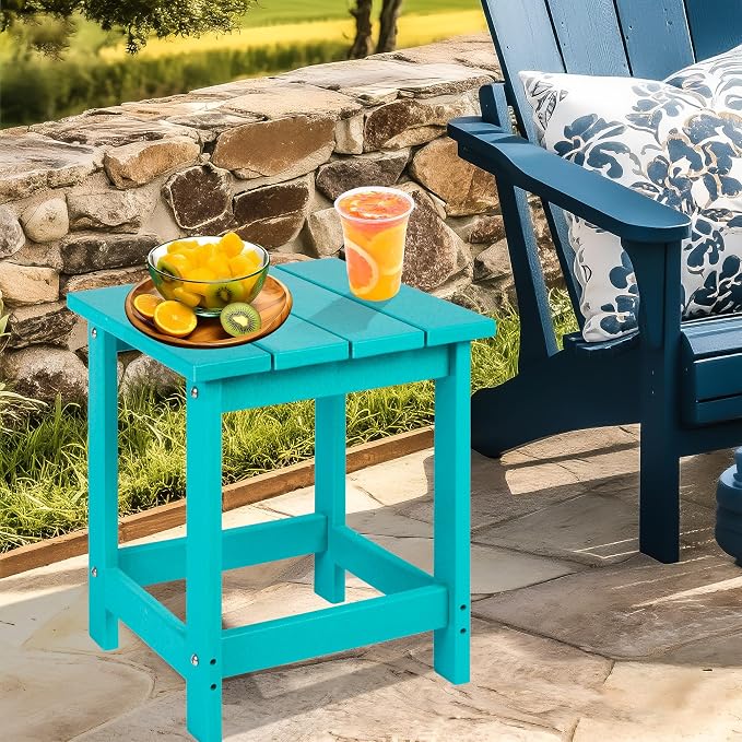 LZRS Patio Side Table, Heavy Duty HDPE Outdoor End Table with Wood Texture, Weatherproof Composite Table for Adirondack Chairs, Deck, Pool, Indoor/Outdoor, No Peeling or Cracking(Turquoise)