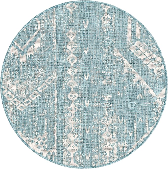 Unique Loom Outdoor Bohemian Collection Area Rug - Anthro (3' 3" Round, Light Aqua/ Ivory)