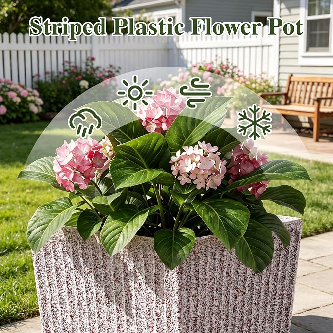 Square Tall Planters for Outdoor Plants Set of 2 - Faux Stone Fluted Large Outdoor Planters for Porch with Tray Saucers and Drainage Holes, Tall Indoor Flower Pots for Patio Garden, Red White