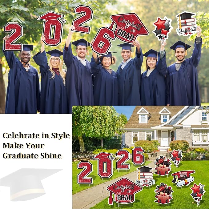 Large 11 PCS Graduation Yard Signs, Class of 2026 Congrats Grad Outdoor Lawn Yard Sign with Stakes, Graduate Yard Decorations for College High School Party, Black and Red