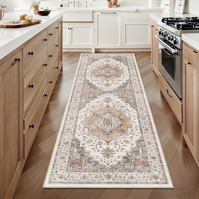 2’6″x 8’ Vintage Runner Rug Low Pile Non-Slip Washable Runners | Retro Distressed Print Rug Orange Gray Carpet Stain Resistant Non-Shedding Long Rug for Hallway Kitchen Bedroom Laundry Room