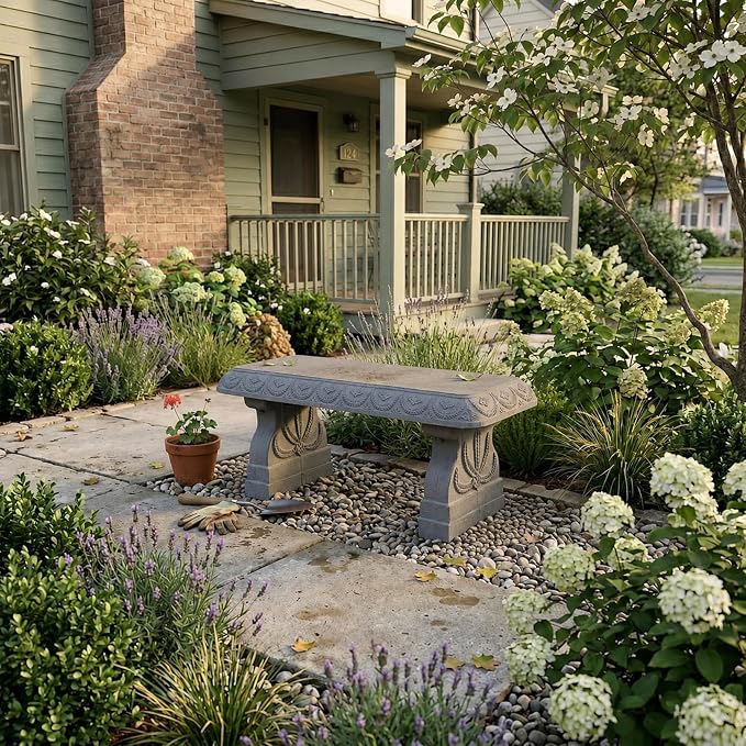 Basalt Grey Garden Bench - Outdoor Benches Weatherproof - Front Porch Seating for Patio Yard - Outdoor Seat Backless Decorative Pedestal Garden Furniture - Realistic Stone Look - Concrete Look