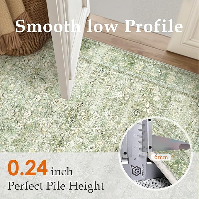 HUGEAR 2x6 Runner Rug Machine Washable Light Green Hallway Area Rugs Indoor Accent Rugs Floral Low Pile Carpet Distressed Throw Rug Bedroom Living Room Office Dining Kitchen Laundry Non Slip
