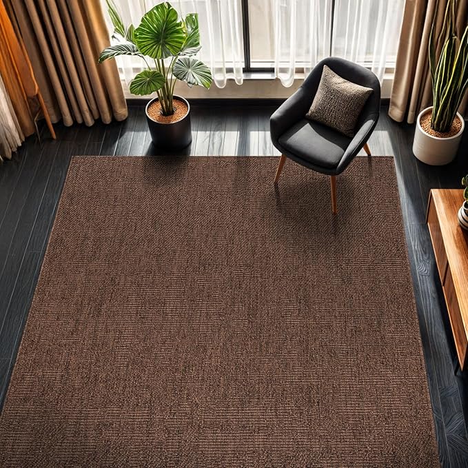CAMILSON Easy Jute Rug 5x7, Indoor Outdoor Brown Color Fiber Area Rugs for Living Room Patio and Kitchen Rug, Solid Boho Woven Design, Easy-Cleaning, Washable Outside Carpet Alfombras (5 x 7)