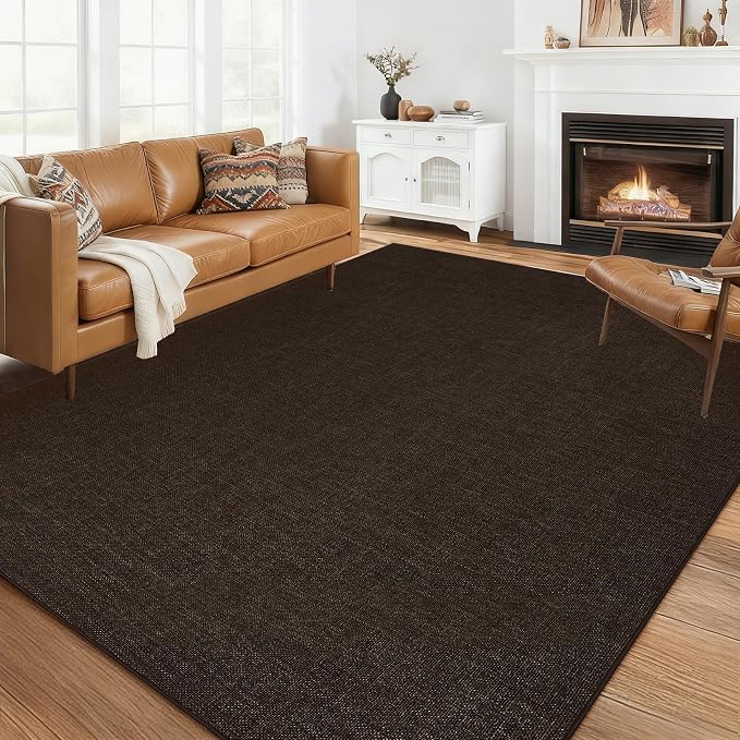 Garvee Large Area Rug 10x13 Modern Solid Washable Rug Non Slip Brown | Woven Textured, Ultra-Thin Neutral Minimalist Non-Shedding Floor Cover Indoor Foldable Mat for Living Room Bedroom Office