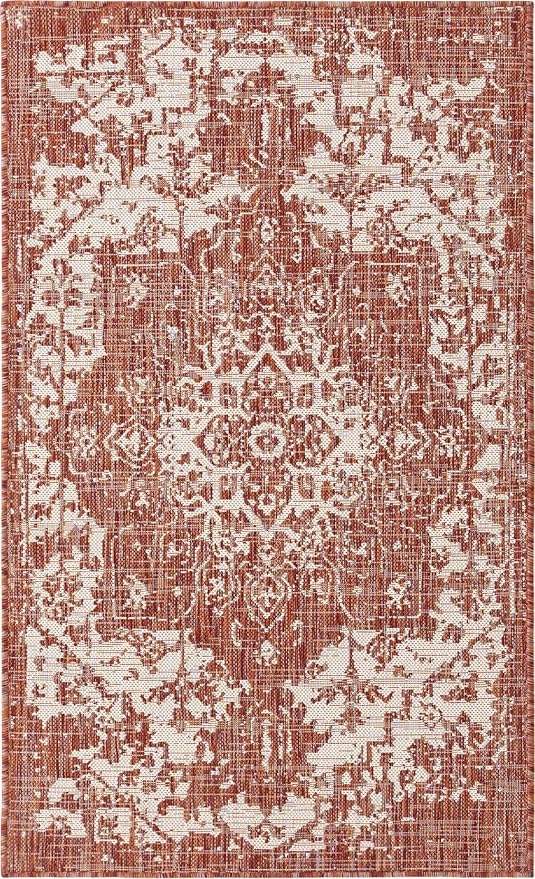 Unique Loom Outdoor Collection Area Rug - Dubai (3' 3' x 5' 3' Rectangle, Rust Red/ Ivory)