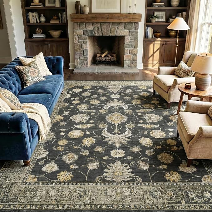 10x14 Area Rugs Washable Large Vintage Rug for Living Room Bedroom | Farmhouse Boho Floral Neutral Washable Stain Resistant Indoor Carpet for Bedroom Office and Home Decor (Black&Gold)