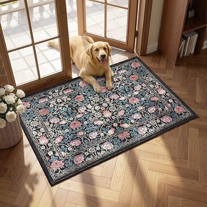 GarveeHome Blue Floral 2.5x8 Runner Rug for Kitchen Hallways | Washable Entryway Bedroom Bathroom Dorm Rug Vintage Boho Rugs Low-Pile Non-Slip Stain Resistant TPE Backing