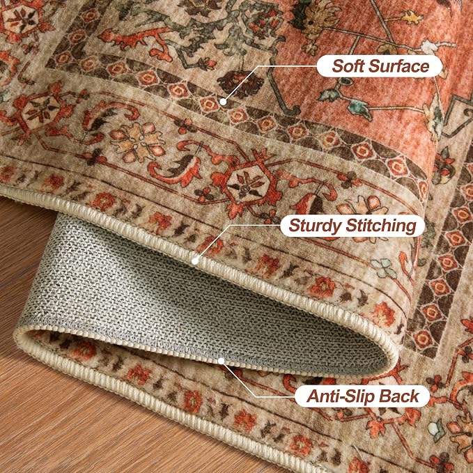 Tangsoo Boho 9x12 Washable Area Rug for Living Room,Non Slip Large Area Rug | Oriental Indoor Print Carpet,Vintage Soft Low Pile Rug Foldable Floor Rugs for Bedroom Dining Room Dorm Terracotta Home Decor