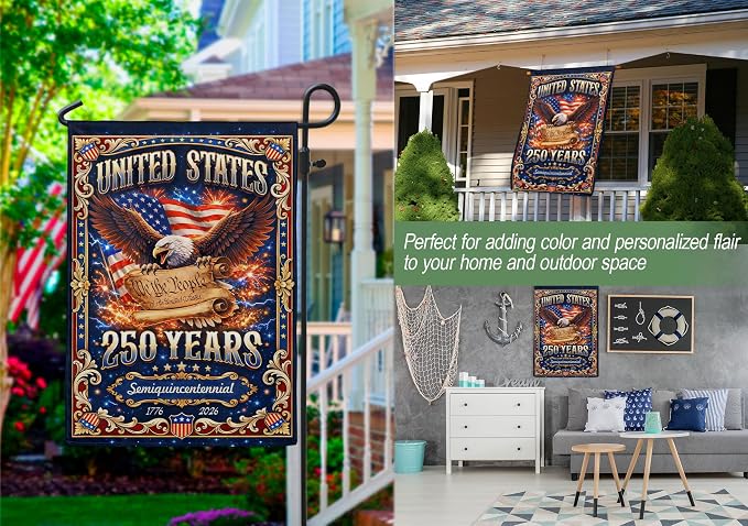 1776-2026 Commemorative, 250 Year American Anniversary Flag, 250th Anniversary Patriotic Design, American Flag With Eagle, Garden Flags For Outside, Visible On Both Sides 1 (12x18 Inch)