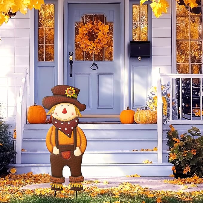 TERESA'S COLLECTIONS Fall Decor for Outdoor Home, Scarecrow for Garden Metal Stakes for Fall Decorations, Autumn Decor for Thanksgiving Decorations, Brown Harvest Yard Signs for Home Lawn Patio, 24"