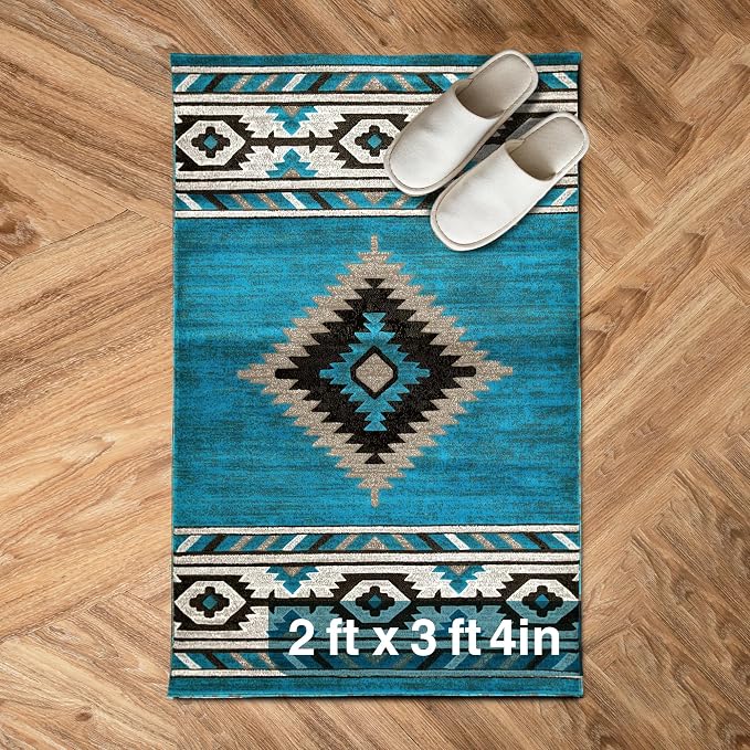 YHSF Southwestern Area Rug, Anti Static & Washable, Blue Lightning, 2ftx3ft | Soft Native American Tribal Floor Rugs for Living Room, Bedroom, Hallways, and More - Easy-to-Clean Home Decors
