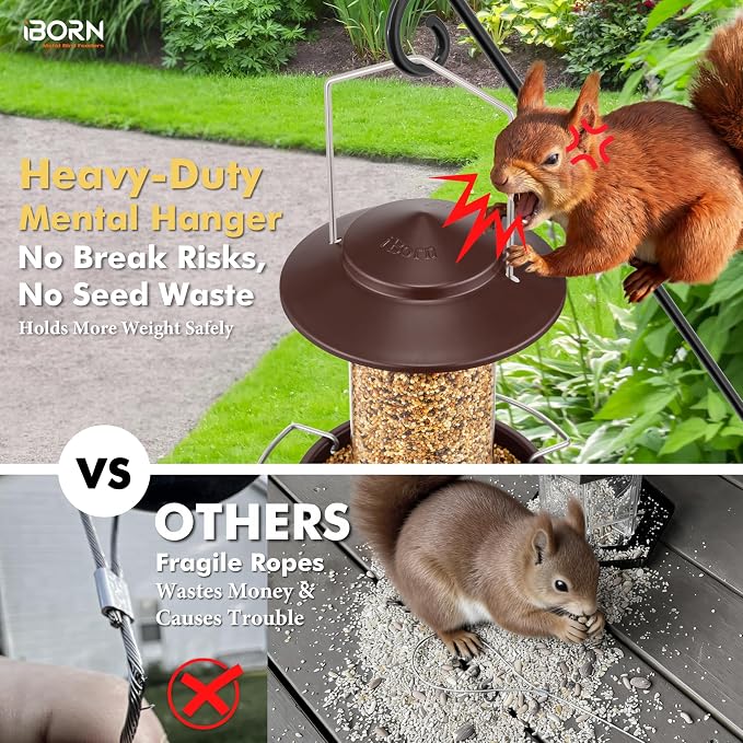 iBorn Bird Feeder Metal Squirrel Chew-Proof Bird Feeders for Outdoors Hanging for Cardinal Outside, Holds 1.32LB Seed with 3 Perchs, Bronze (Seed is not Included)