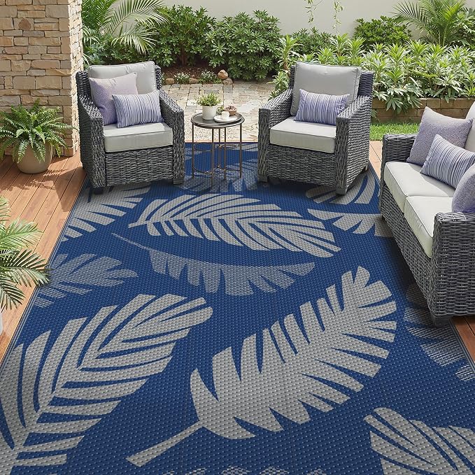 GENIMO Waterproof Outdoor Rug 6' x 9' for Patio Decor, Reversible Plastic Straw Area Rugs for Camping Clearance, RV Mat, Large Outside Carpet for Porch, Deck, Picni, Balcony, Garden, Navy Blue & Grey