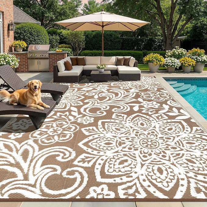 Findosom Waterproof Outdoor Rug 9' x 18' - Reversible Mandala Outdoor Plastic Straw Rug, Durable Foldable Patio Rug for RV, Deck, Balcony, Backyard, Picnic, Porch, Camping, Beach, Brown