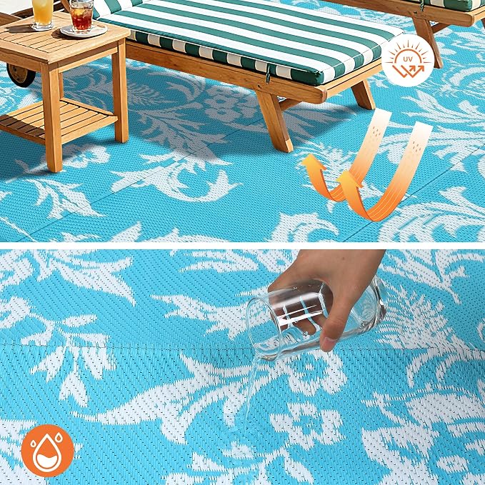 IDEALHOUSE Waterproof Outdoor Rug 9x12 for Patio, Foldable Reversible Area Rug, Large Plastic Straw Mat for Camping, RV, Porch, Backyard, Picnic, Beach, Light Blue & White