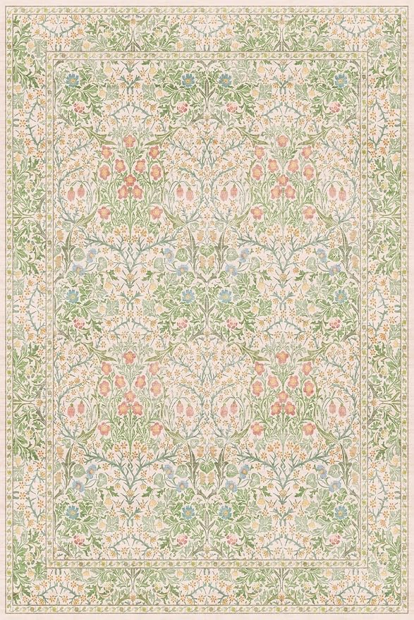 Beige Green 6x9 Washable Area Rugs for Dining Room, Nursery, Bedroom, Living Room, Kids Playroom, Ultra Soft Low Pile Non-Slip - Vintage Light Green Floral Indoor Carpet Stain Resistance