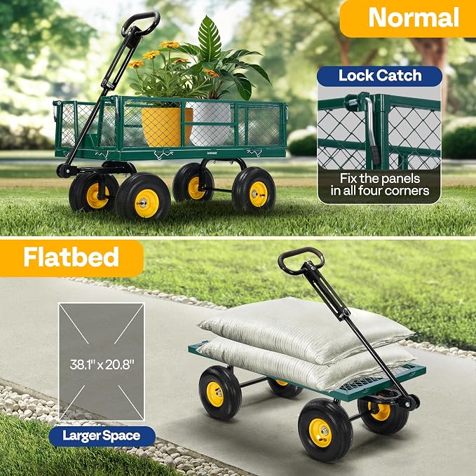 VIVOHOME Steel Garden Cart Heavy Duty 900 LBS 4.5 Cu Ft Utility Wagon | Removable Sides, 10 inch Tire and Handle Attach to ATV or Tractor Green