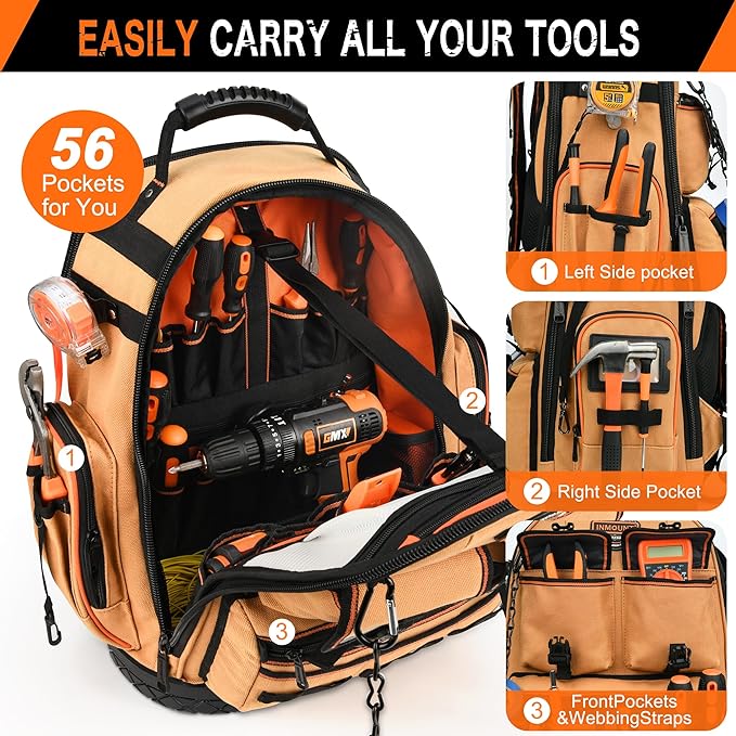LOKASS Tool Backpack Heavy Duty with Molded Bottom, 1680D 56-Pocket Tool Bag Organizer with Laptop Compartment & Combination Lock, Durable Water-Resistant Electrician & HVAC Tool Backpack - khaki