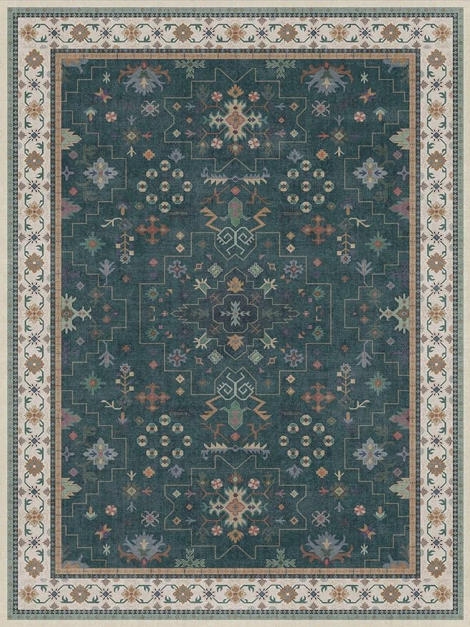 Vintage Dark Green 6x8 Dining Room Rugs for Under Kitchen Table - Washable Livinig Room Rug - Unique Floral Pastel Low Pile Non-Slip Area Rugs for Bedroom