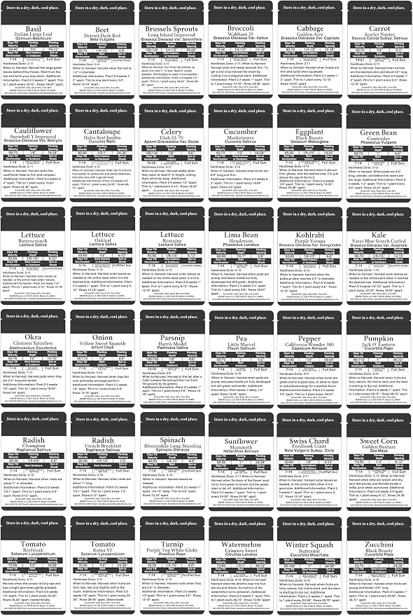 36 Pack Heirloom Vegetable & Herb Seeds 40,000 Count - Grown in USA Non-GMO Seeds for Planting Vegetables: B&KM Farms Premium Mylar Seed Packets Digital Growers Guide & Recipe Booklet