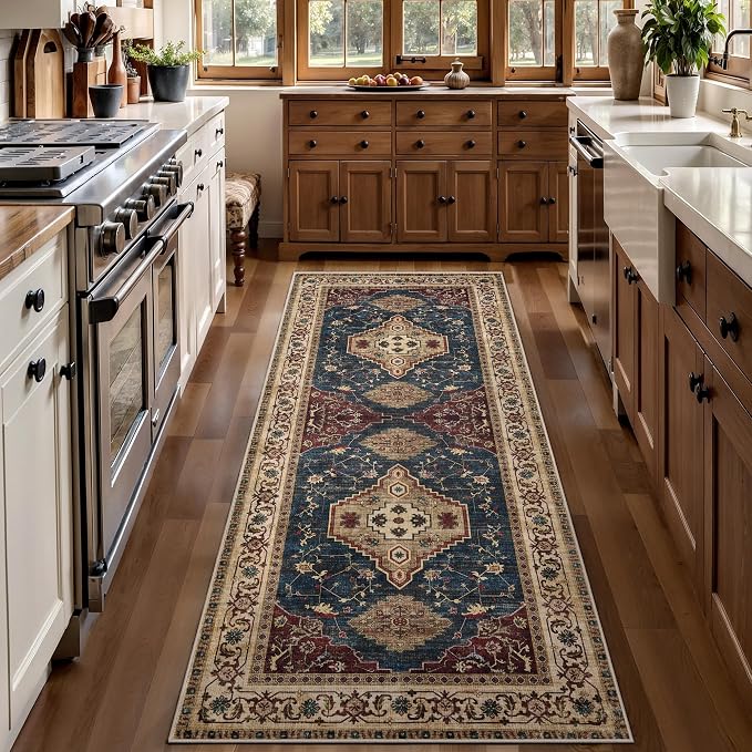 Tangsoo Vintage 2x6 Washable Runner Rugs for Hallways, Non Slip Rug Runner | Oriental Soft Low Pile Long Rug, Boho Carpet Runners for Kitchen Bedroom Entryway Bathroom Living Room Dark Blue Beige