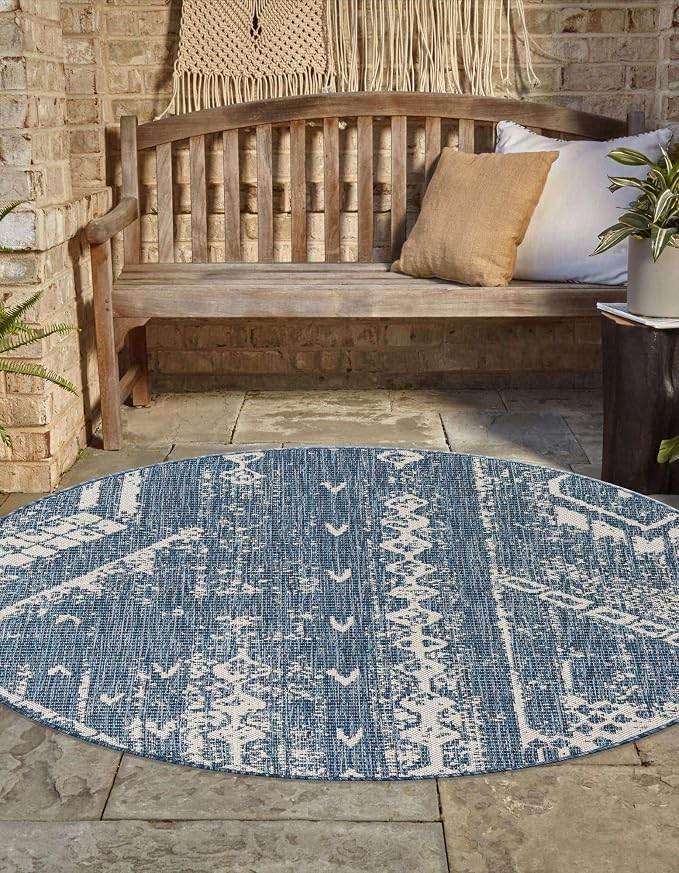 Unique Loom Outdoor Bohemian Collection Area Rug - Anthro (10' Round Blue/Ivory)