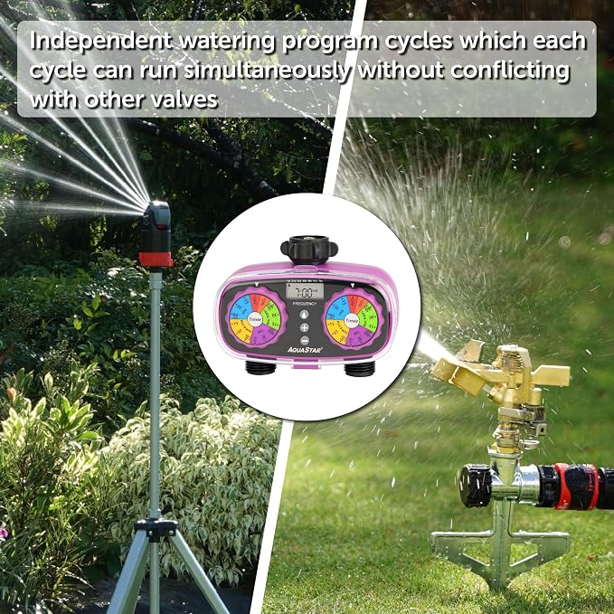 AQUASTAR Two-Zone Hose Watering Timer (Purple), Automatic Irrigation for Lawn, Garden, Yard, Two Outlets