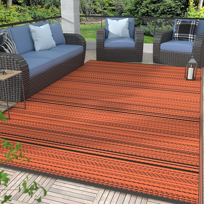 GENIMO Outdoor Rug for Patio Clearance,6'x9' Waterproof Mat, Reversible Plastic Camping Rugs, Rv, Deck, Porch, Camper, Balcony, Backyard (Orange & Black)