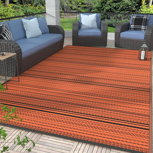 GENIMO Outdoor Rug for Patio Clearance,6'x9' Waterproof Mat, Reversible Plastic Camping Rugs, Rv, Deck, Porch, Camper, Balcony, Backyard (Orange & Black)