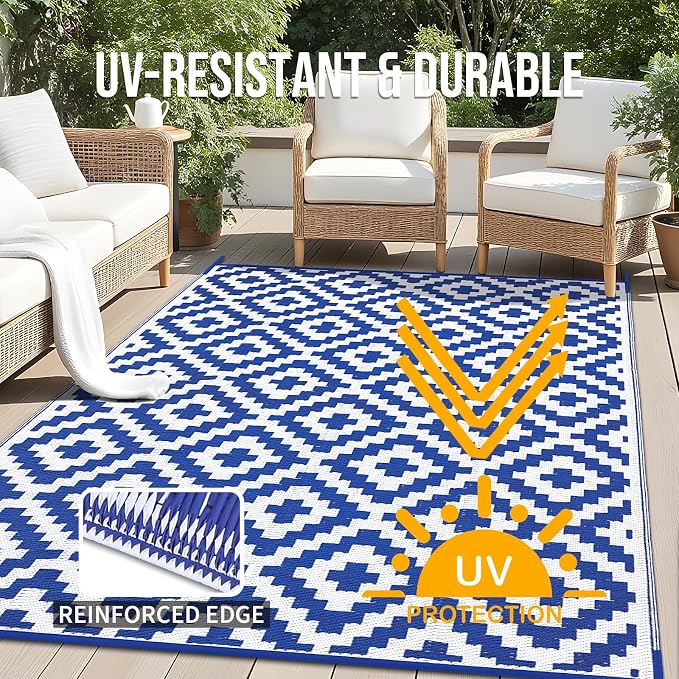 OLANLY Waterproof Outdoor Rug 9x12 ft, Outdoor Plastic Straw Rug for Camping, RV Mat Outside, Outdoor Carpet for Porch, Deck, Backyard, Balcony, Picnic, Blue & White