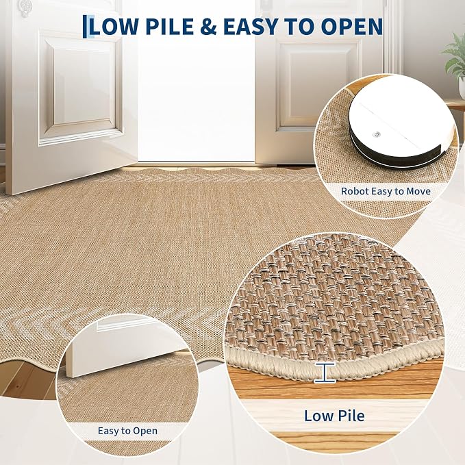 Garvee 8x10 Easy Jute Washable Rugs for Living Room Bedroom Rug, Beige | Scalloped Area Rug Stain Resistant Easy Cleaning Throw Rugs Low Pile Floor Cover for Nursery Dining Room Apartment