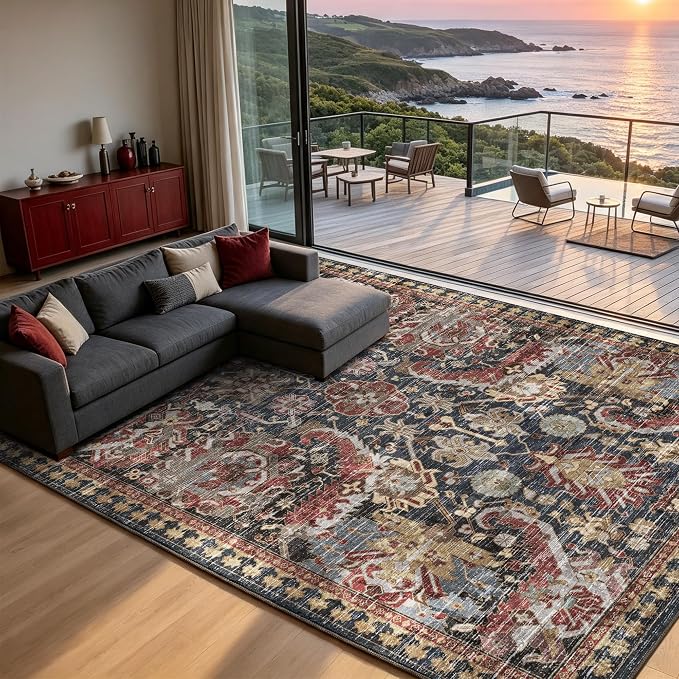 Washable Area Rugs - Perfect for Living Room, Bedroom, Kids Room, Nursery - Stain & Water Resistant Non-Slip, Pet & Child Friendly, Vintage Tribal Area Rugs (Rust, 8' x 10')