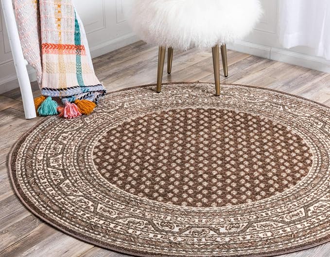 Unique Loom Williamsburg Collection Traditional Border with Dotted Center Area Rug, Round 8' 0" x 8' 0", Brown/Beige