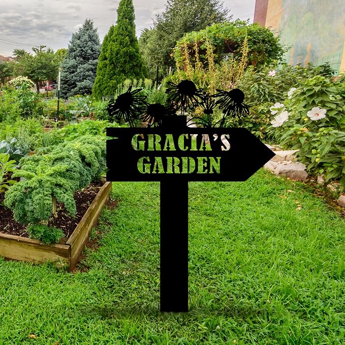 Personalized Flowers Garden Sign with Stakes, Custom Flowers Metal Garden Decor, Sign for Flower Beds, Metal Yard Art, Gift for Grandmother, Gift for Mom, Patio Garden Decorations, Housewarming Gift