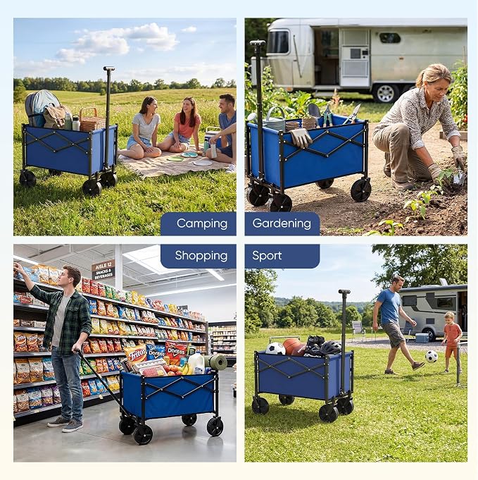 OLIXIS Collapsible Wagon Cart with Wheels 220 lbs Capacity, Heavy Duty Mini Foldable Portable Wagon with Adjustable Handle, Small Foldable Cart for Camping, Garden, Sports, Beach, Shopping - Blue