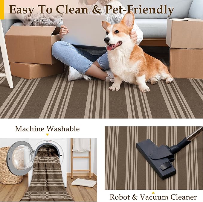 PureCozy Striped Easy Jute Rug 2x3 Brown Entryway Carpet Washable Non Slip Door Mat Farmhouse Neutral Non Shedding Entry Small Indoor Outdoor Rug for Kitchen Bedroom Mudroom Bathroom