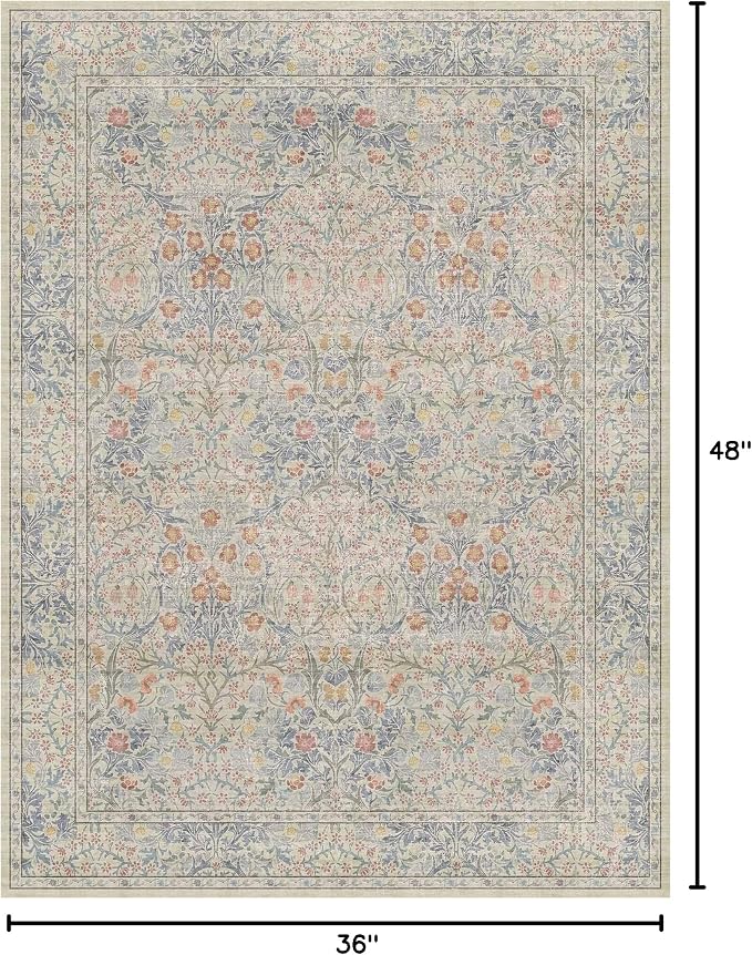 Large 3x4 Entryway Rug Indoor - Washable Non-Slip Low Pile Stain Resistance Ultra Thin Area Rug for Large Kitchen, Bedroom Beside Bed - Vintage Floral Botanical Beige Blue Decor