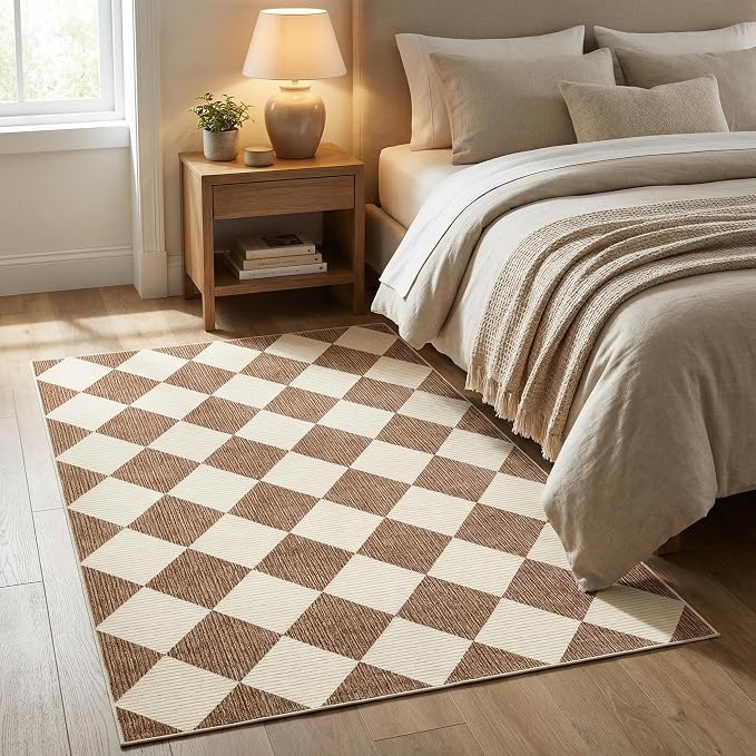GarveeHome 3x5 Checkered Area Rug Non Slip Washable Entryway Bedroom Rug | Modern Geometric Plaid Brown Carpet Classic Throw Mat for Kitchen Bedside Kids Room Office Dining Room