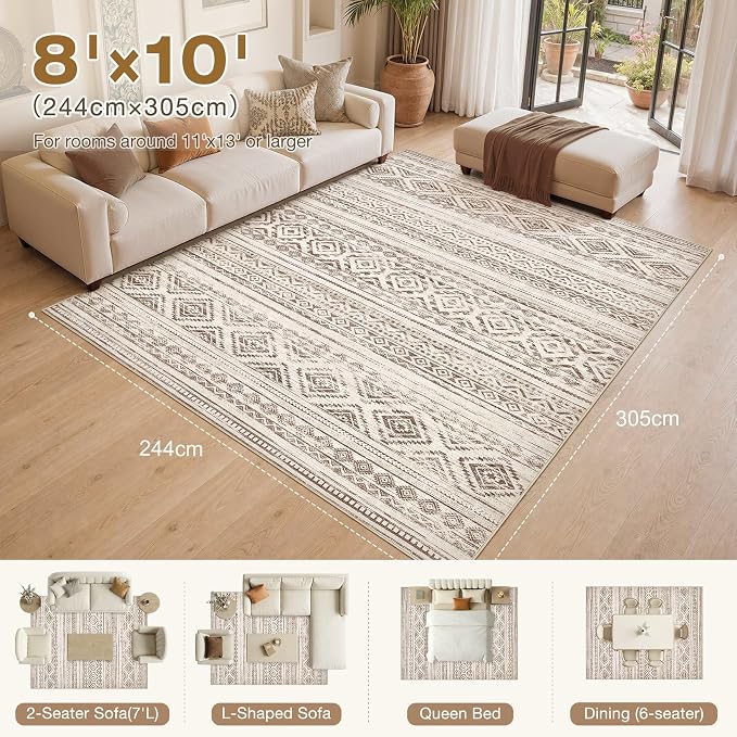 cotiled Boho 8x10 Area Rugs for Living Room: Large Moroccan Washable Rug | Stain Resistan Carpet for Bedroom Farmhouse Dining Room Dark Brown