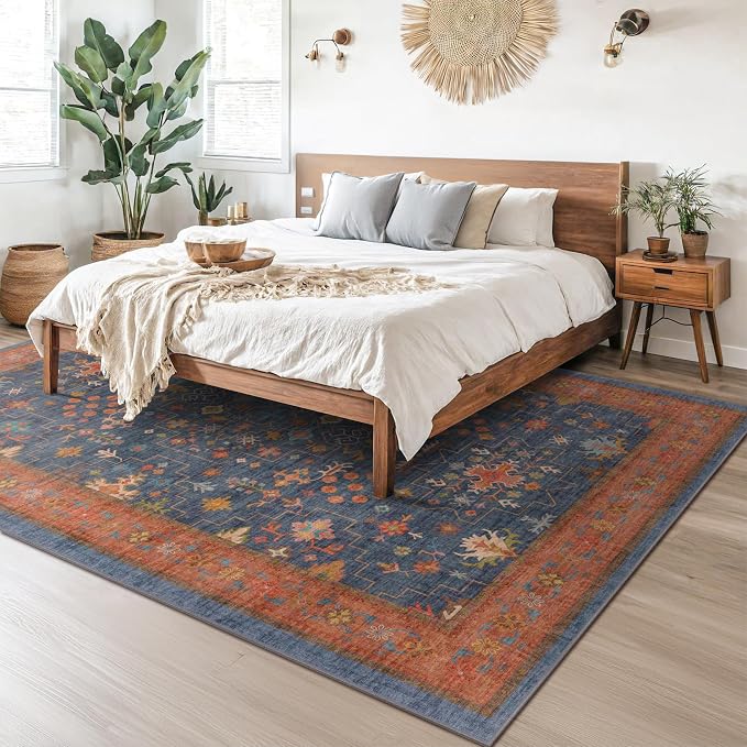 Boho Navy Blue 10x14 Area Rug for Living Room, Extra Large Dining Room Rugs for Under Table, Soft Low Pile Carpet for Bedroom - Vintage Floral Rug, Non-Slip & Stain Resistance (10x14 Navy Blue)