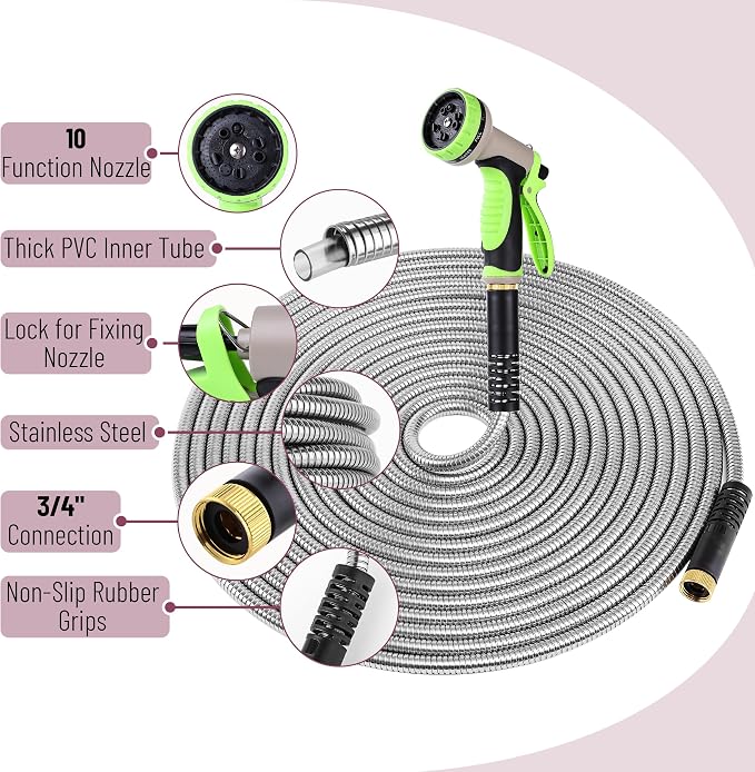 UNCO- Metal Garden Hose with 10 Functions Spray Nozzle, 100 Feet, No Kink | Stainless Steel, Durable Flexible Water Hose for Garden, Yard, Outdoor Watering and Cleaning, Metal Hose for Outdoor Use