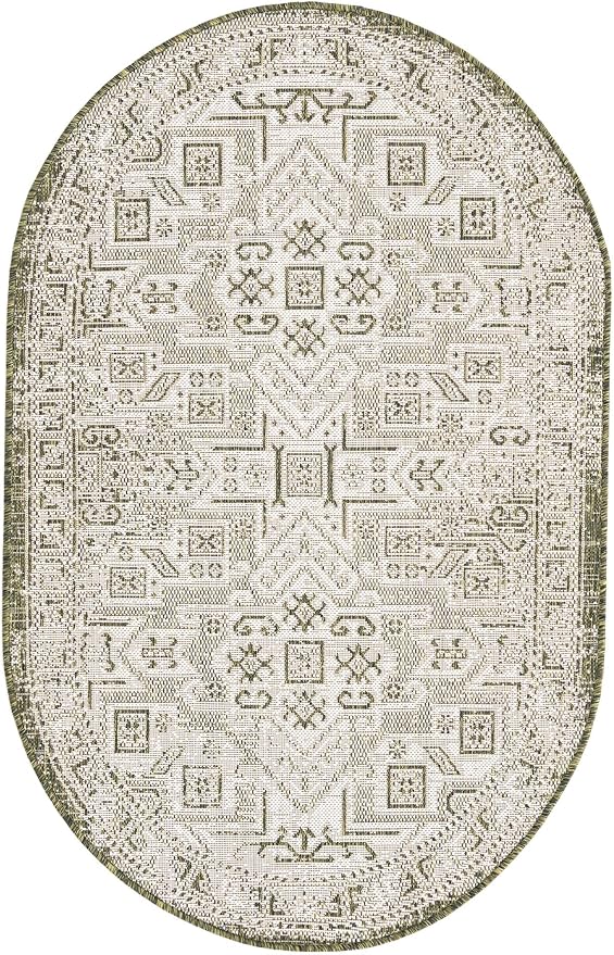 Unique Loom Outdoor Aztec Collection Area Rug - Coba (3' 3" x 5' 3" Oval, Green/ Ivory)