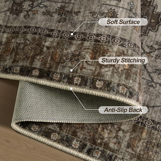 Tangsoo Vintage 2.6x10 Washable Hallway Runner Rug, Non Slip Runner Rug | Oriental Soft Low Pile Long Rug Runner, Boho Print Carpet Runners for Hallway Kitchen Bedroom Entryway Living Room Grey