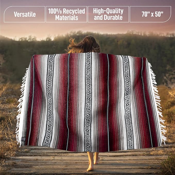 Mexican Blanket (Authentic Handmade Falsa) - Durable, Lightweight Baja Indian Blanket for Yoga, Beach, Camping, Picnic, Car/Truck, Outdoor Mexican Throw, Baja Saddle Blanket, 70"x50", Cherry