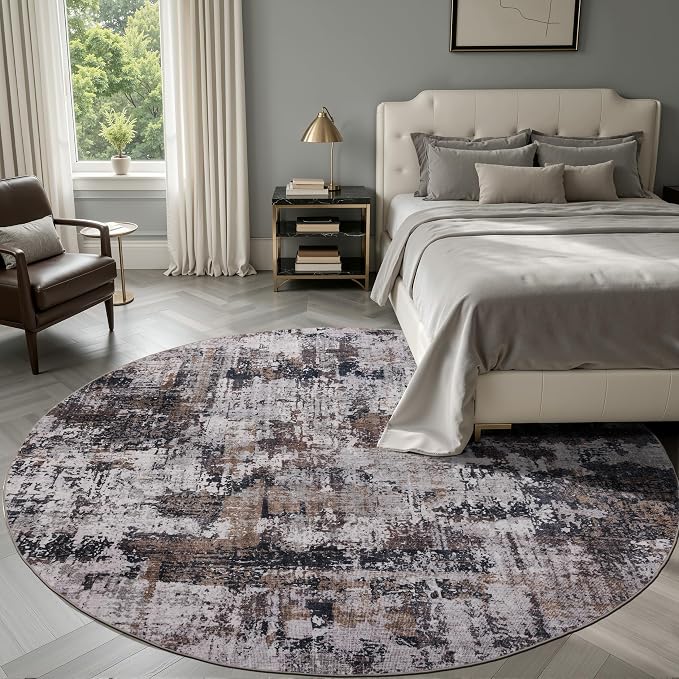 Sasttie 6ft Round Area Rug, Modern Abstract Circle Carpet, Black & Brown | Machine Washable, Ultra-Soft Faux Wool, Low Pile, Non-Slip, Lightweight, Thin, for Living Room, Bedroom, Dinning Room & Dorm